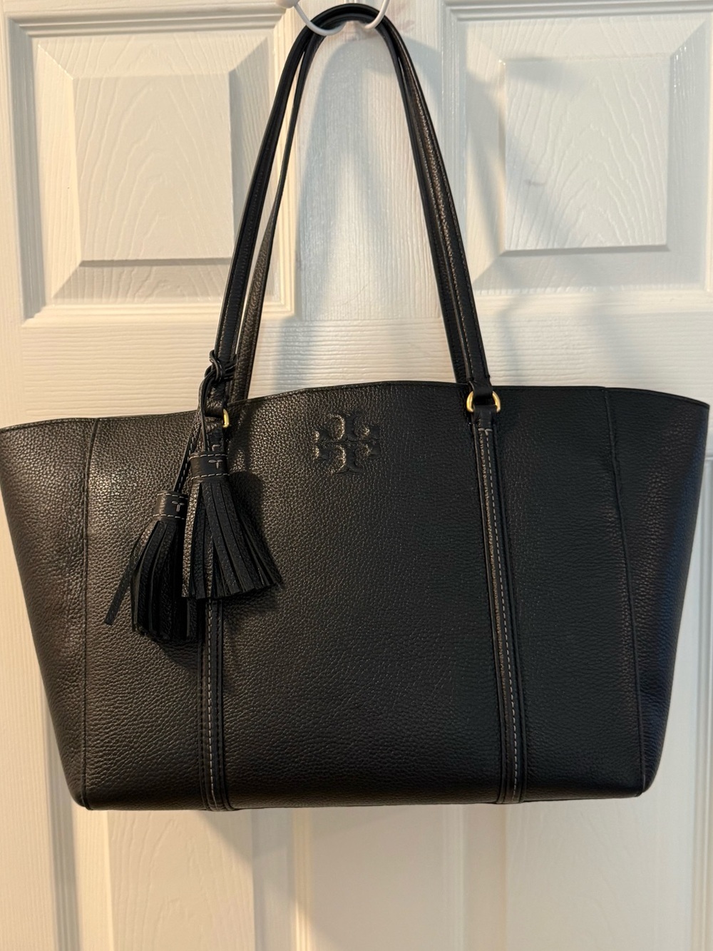 Tory Burch Black Pebbled Leather Tote with Tassel Charm